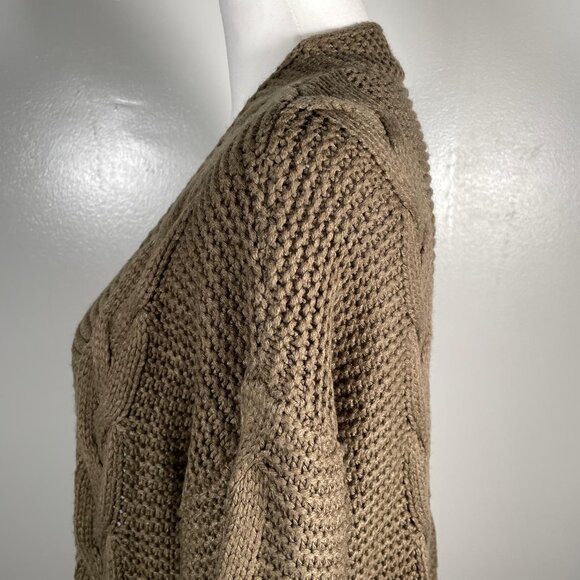 Olive Green Shawl Neck Open Front Waffle Cable Knit 3/4 Sleeve Cardigan L - Picture 5 of 11